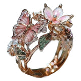 INS Flower Butterfly Ring With Rhinestones And Oil Dropping Design