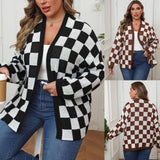 Contrast Patchwork Chessboard Plaid Loose Casual Sweater Coat