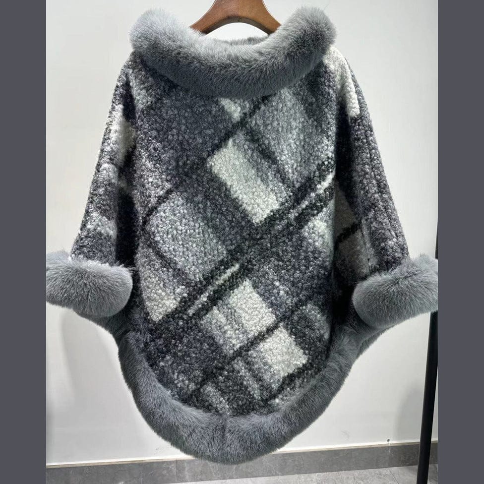Big Fur Collar Cloak Mid - length Batwing Sleeve Pullover Classic Plaid Shawl - MyStylz