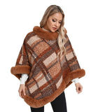 Big Fur Collar Cloak Mid - length Batwing Sleeve Pullover Classic Plaid Shawl - MyStylz