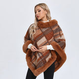 Big Fur Collar Cloak Mid - length Batwing Sleeve Pullover Classic Plaid Shawl - MyStylz
