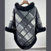 Big Fur Collar Cloak Mid - length Batwing Sleeve Pullover Classic Plaid Shawl - MyStylz