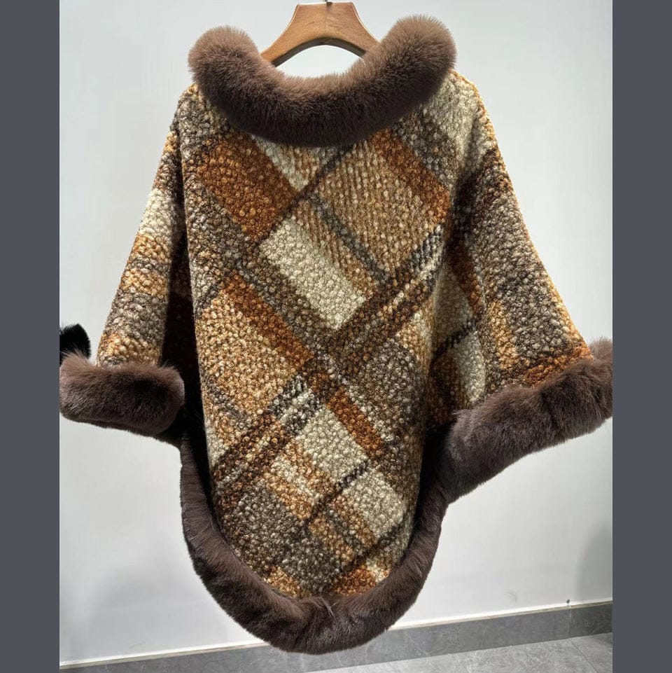 Big Fur Collar Cloak Mid - length Batwing Sleeve Pullover Classic Plaid Shawl - MyStylz