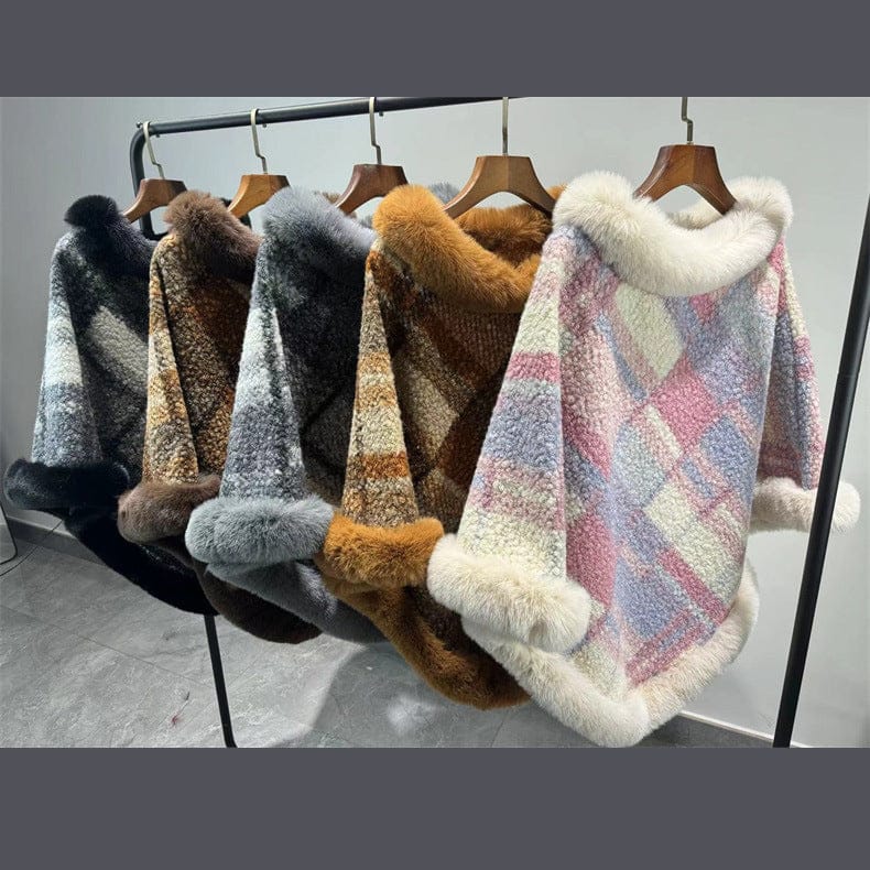 Big Fur Collar Cloak Mid - length Batwing Sleeve Pullover Classic Plaid Shawl - MyStylz