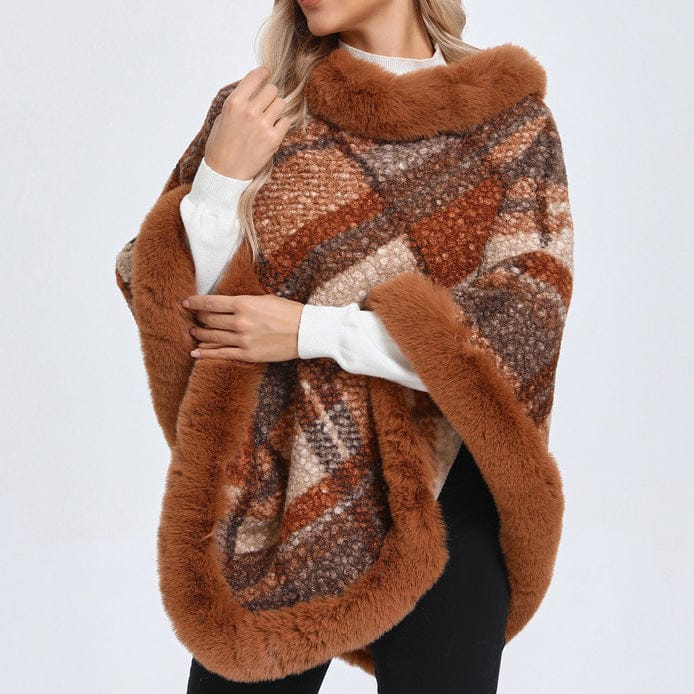 Big Fur Collar Cloak Mid - length Batwing Sleeve Pullover Classic Plaid Shawl - MyStylz