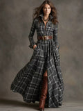 Ins Plaid Print Long-Sleeved Dress Fashion Pockets Collared Buttons Shirt Long Dresses Retro Women's Clothing