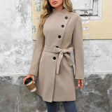 Single-breasted Button-up Tie-neck Stand Collar Warm Woolen Coat, Woolen Trench Coat Jacket