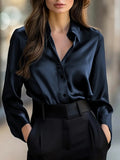 Satin Long Sleeve Blouse For Women Button-Up Collar Shirt