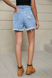 Fringe Trim Distressed Denim Shorts with Pockets