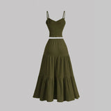 Casual Solid Color Ribbed Fit Vest Top And Ruched Hem A- Line Skirt