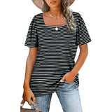 Gathered Striped Square Neck Short Sleeve T-Shirt Women