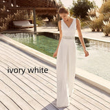 Women's Solid Color Casual V-neck Backless Jumpsuit