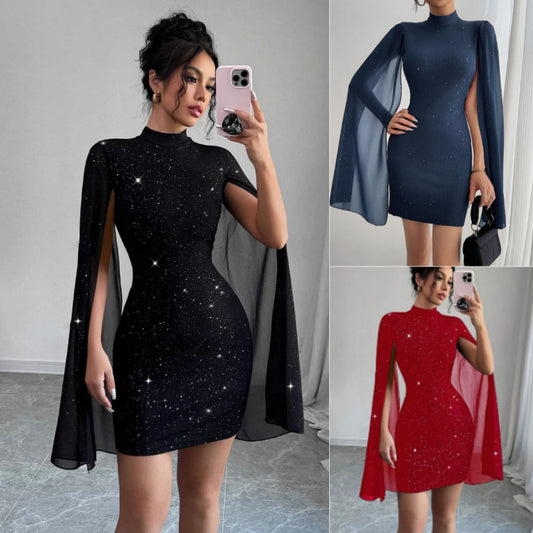 Woman wearing a black dress with a cape, shown from different angles.