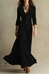 Solid Color Buttons Lapel 34 Sleeve Maxi Dress Waist Expansion Skirt