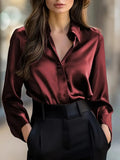 Satin Long Sleeve Blouse For Women Button-Up Collar Shirt