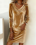 Solid Color Swing Collar Long Sleeved Velvet Dress