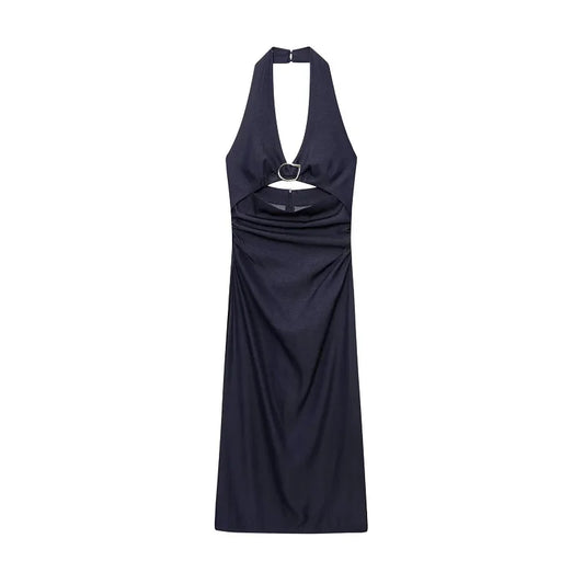 Halter Long Dress Woman Pleated Midi Dress