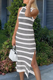 Slit Striped Round Neck Sleeveless Midi Dress