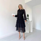 Solid Color Chiffon Long Sleeve Multi-layer Lace-up Elegant Dress Women