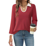 Contrast Collared Neck Long Sleeve Top