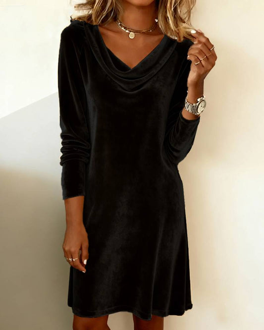 Solid Color Swing Collar Long Sleeved Velvet Dress