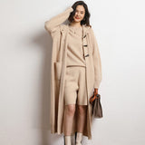 Long Below Knee Thickening Hooded Sweater Horn Button Trench Coat - MyStylz