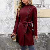 Single - breasted Button - up Tie - neck Stand Collar Warm Woolen Coat, Woolen Trench Coat Jacket - MyStylz