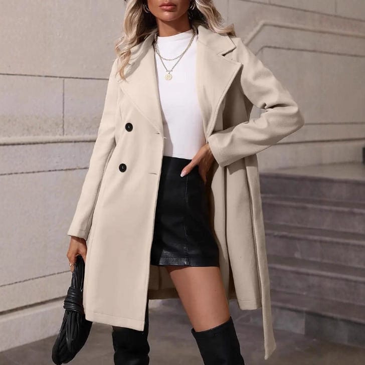 Women's Elegant Lace - up Solid Color Slim - fit Woolen Coat - MyStylz