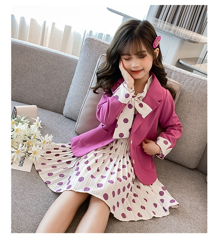 Girls Casual Blazer Solid Color Dot Dress Set Suit
