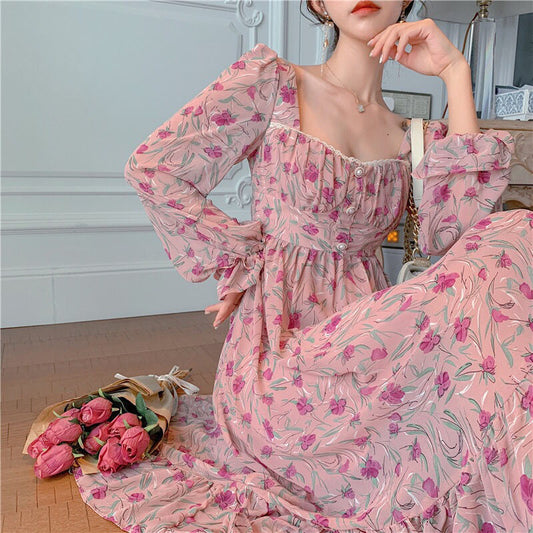 Square Collar, Long Sleeves, Waist, Thin, Pearl Buttons, Floral Dress, Women