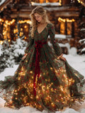 Long-sleeve Digital-print V-neck Maxi Dress
