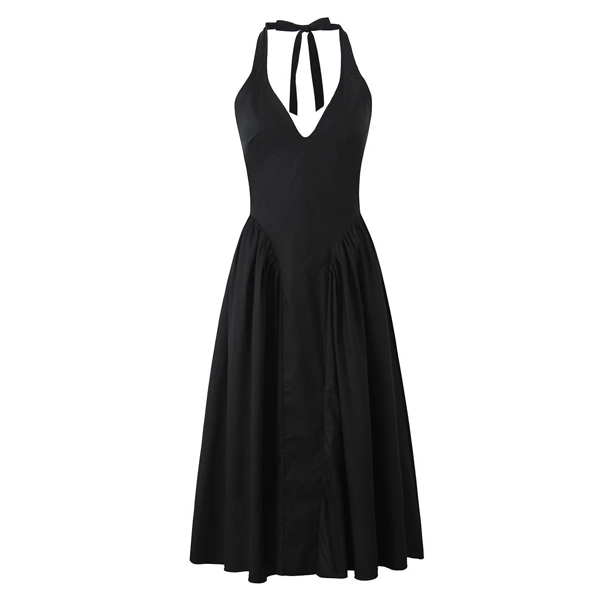 Black Halter Dresses Low Waist Pleated Swing Midi
