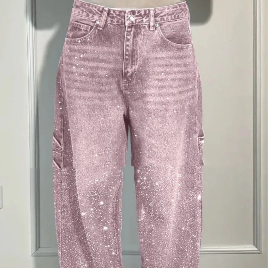Ins Shiny Straight Jeans With Pockets Fashion Loose Wide-leg Pants