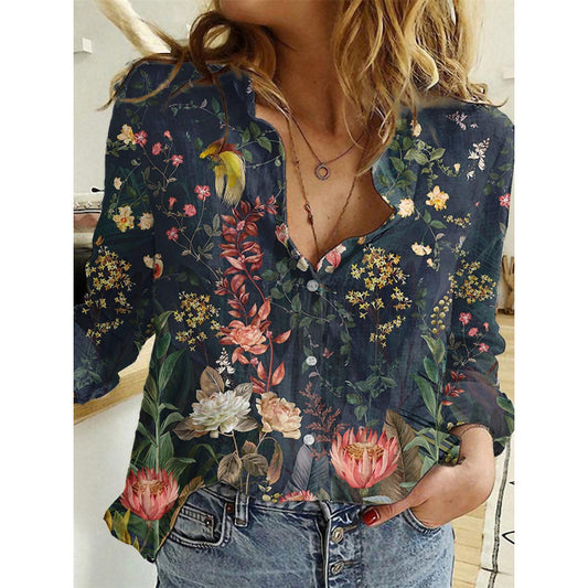3d Printed Polka Dot Butterfly Long Sleeve Turn-down Collar Casual Shirt -Women's clothing