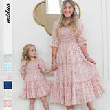 Fashion Floral Square Collar Lantern Sleeve Mother-daughter