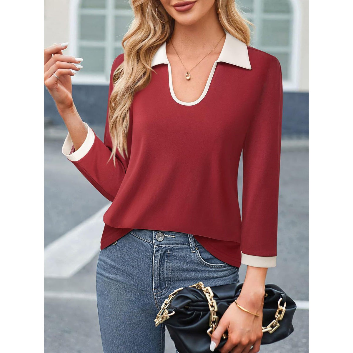 Contrast Collared Neck Long Sleeve Top