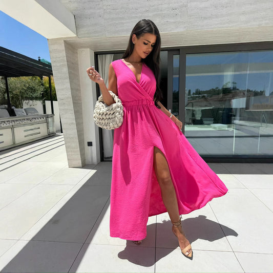 Pure Color Elastic Waist Split Dress Long