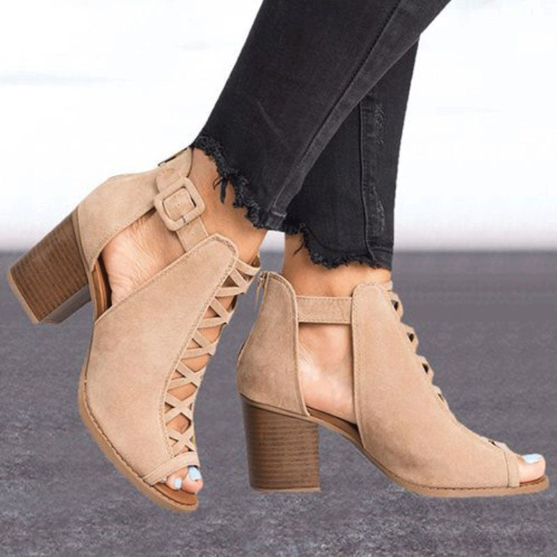 Thick-heeled High-heeled Roman Fish Mouth Hollowed Buckle Sandals