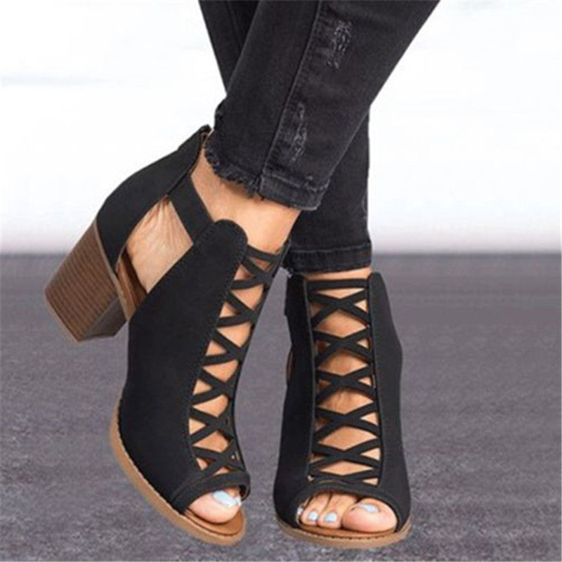 Thick-heeled High-heeled Roman Fish Mouth Hollowed Buckle Sandals