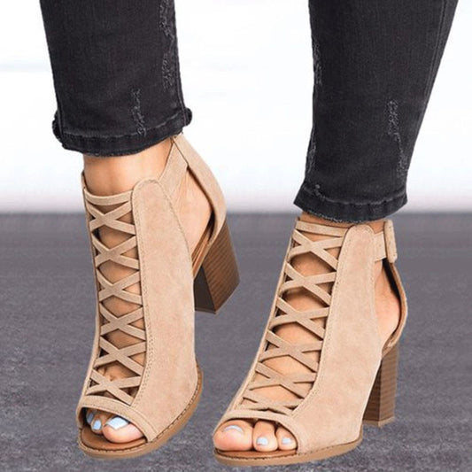 Thick-heeled High-heeled Roman Fish Mouth Hollowed Buckle Sandals