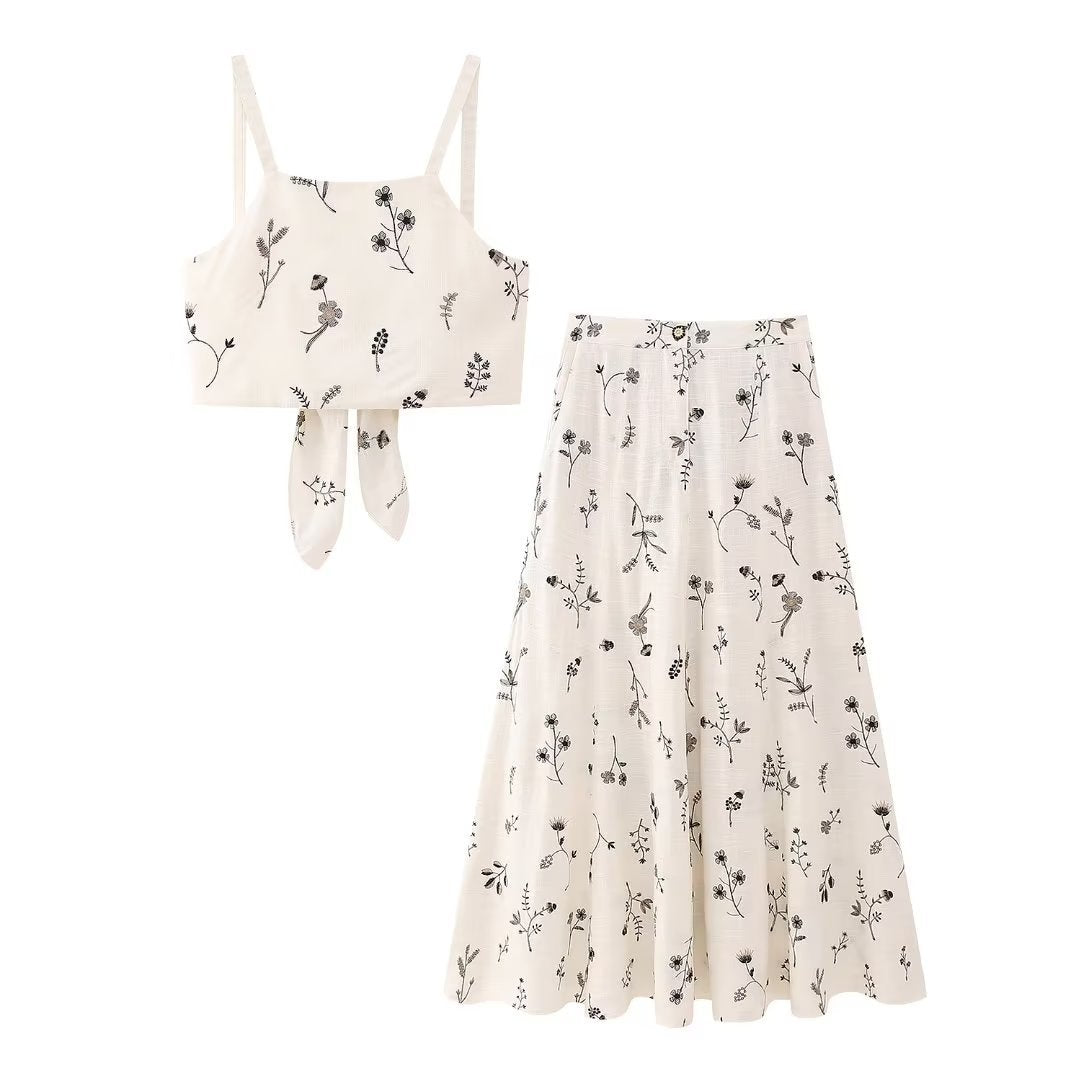 Summer New Embroidered Linen Blended Top Long Skirt