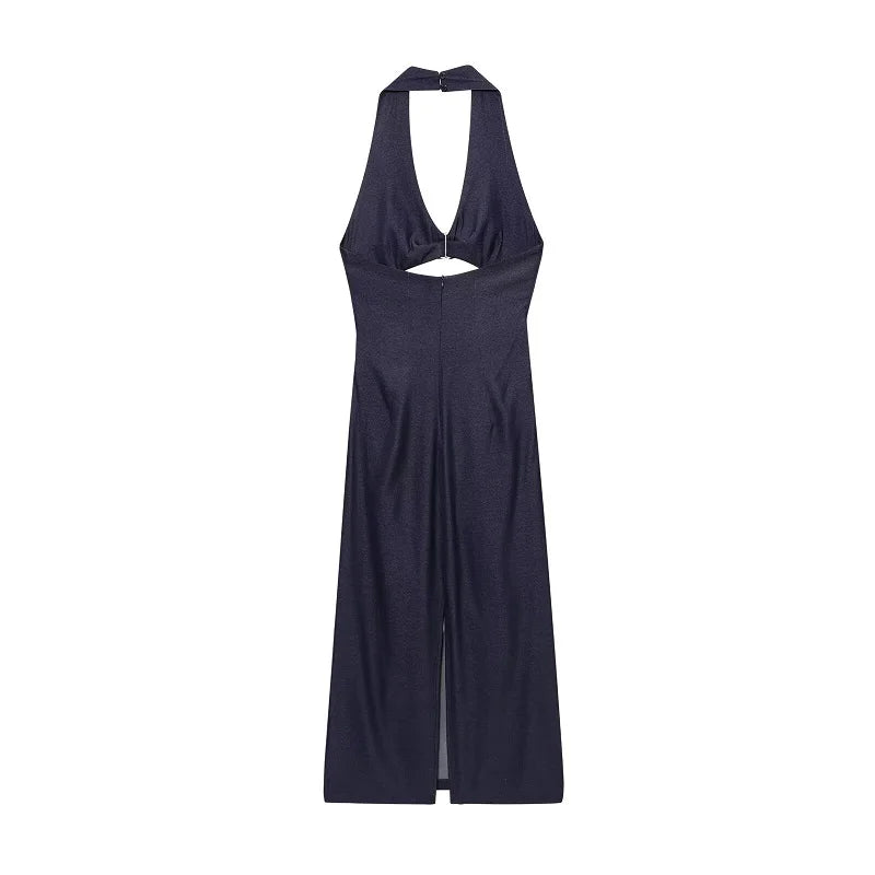 Halter Long Dress Woman Pleated Midi Dress