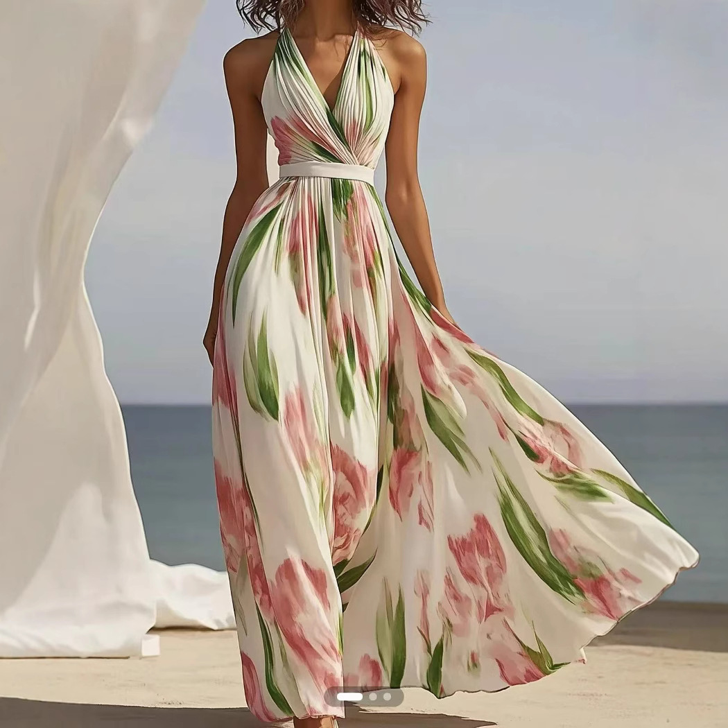 White French Gentle Seaside Holiday Oblique Shoulder Strap Dress