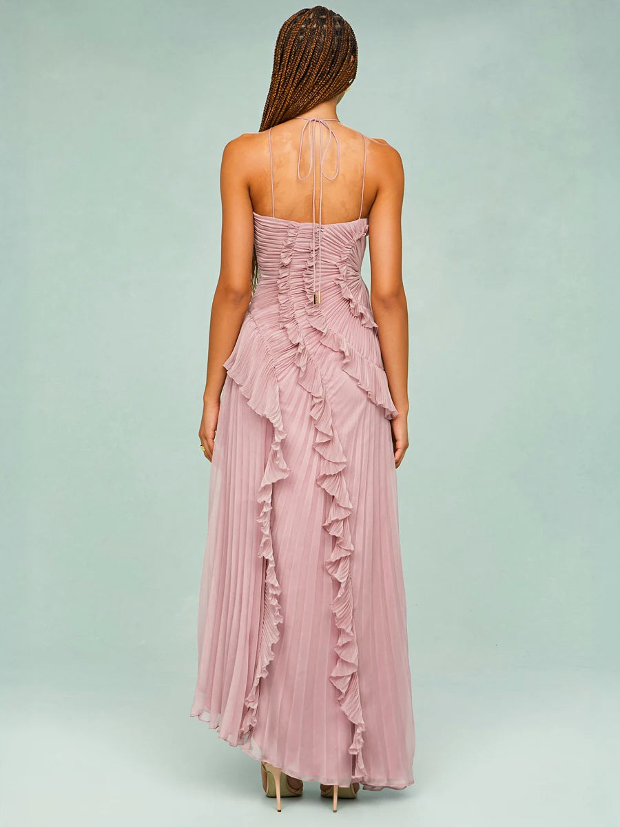 Pleated Halter Neck Long Dress With Lotus Purple Strapless