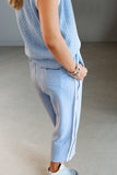 Full Size Texture Contrast Trim Round Neck Top and Pants Set