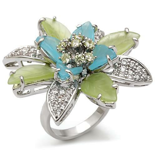 1W094 - Rhodium Brass Ring with Synthetic Synthetic Glass in Multi