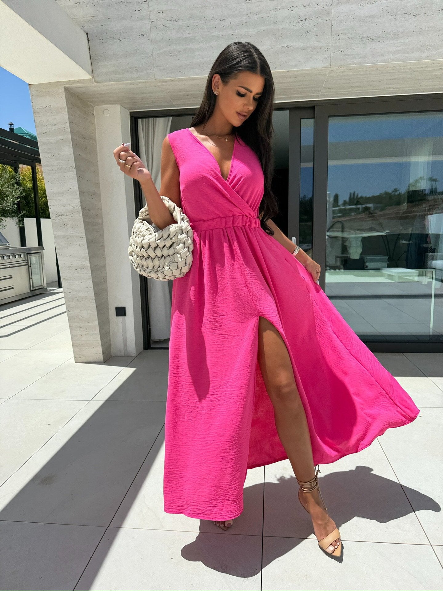 Pure Color Elastic Waist Split Dress Long