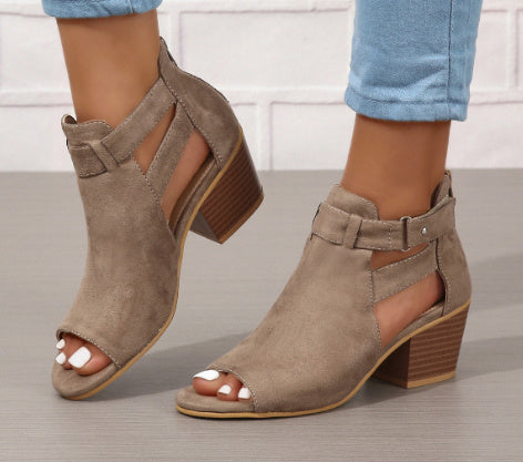 Thick-heeled High-heeled Roman Fish Mouth Hollowed Buckle Sandals