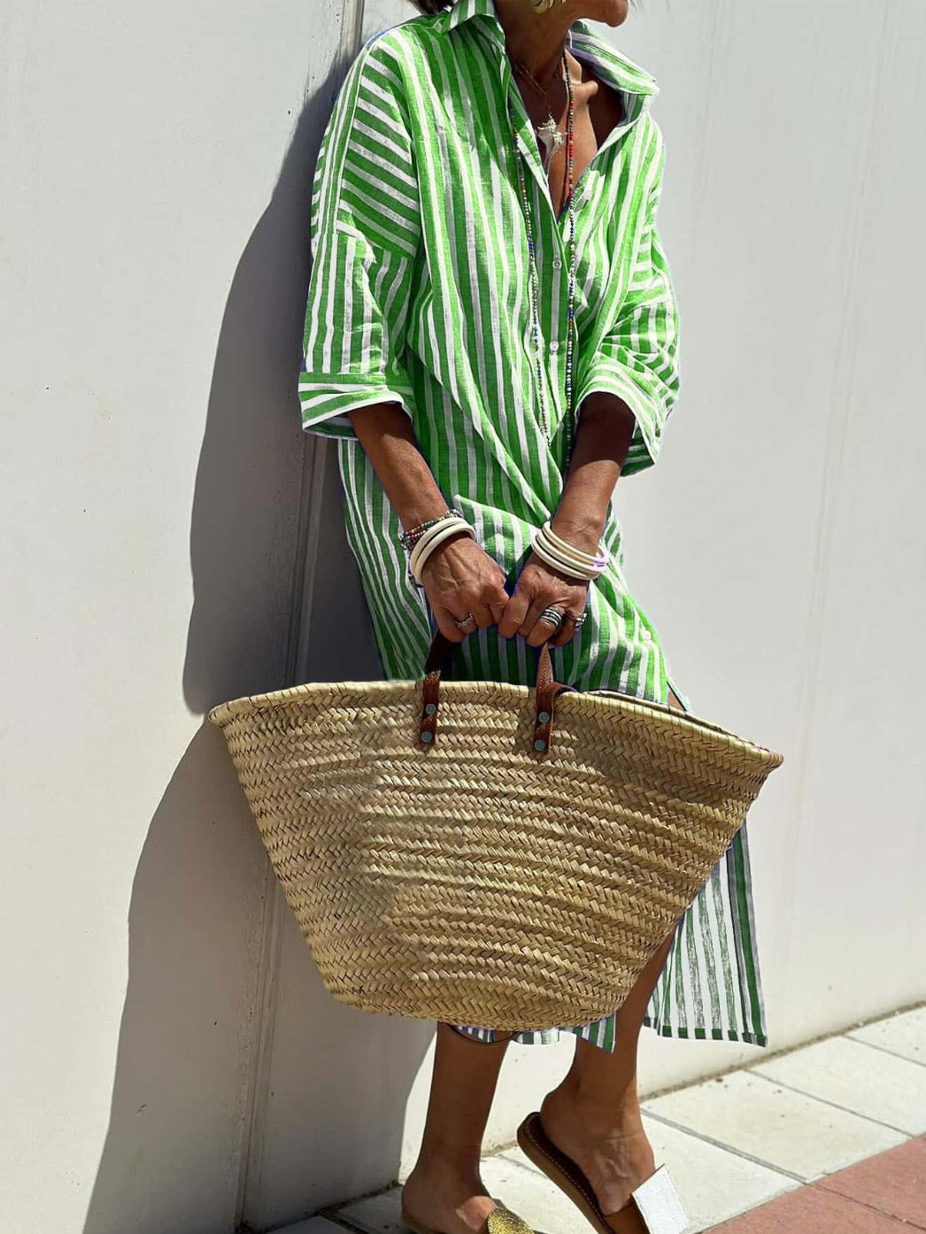 Striped Shirt Dress With Belt Fashion Half-sleeved Lapel Button