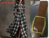 Plaid dress with a belt and close-up of the belt with a gold buckle.